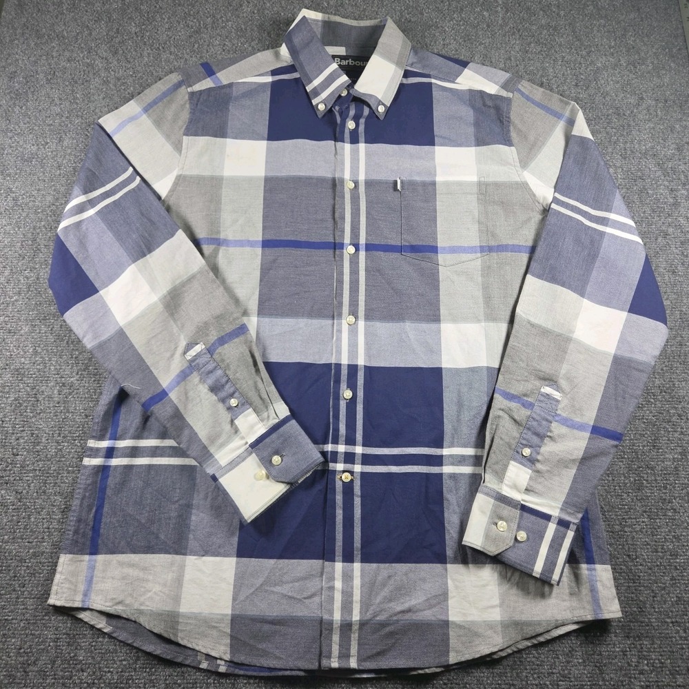 Barbour Tailored Fit Flannel Shirt Men's Medium Blue/Gray Plaid Button Down